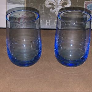 2 Rare Vintage Beautiful Roly Poly Colorful MCM Barware Glasses Blue 3.5in